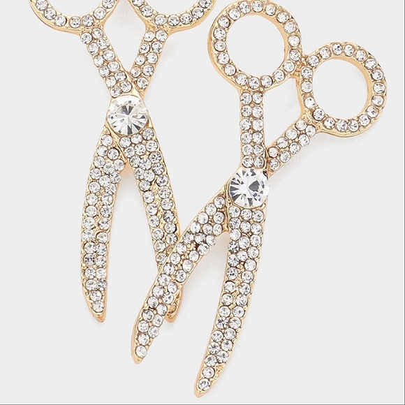 Gold Scissor Shaped Rhinestone Crystal Drop Earrings Fashion Statement Jewelry - Picture 4 of 4